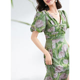 Womens Green Silk Floral Ruched Maxi Dress Slit Silk Dresses