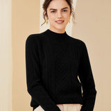 Womens Diamond Cable Knit Mock Neck Long Sleeve Cashmere Sweater