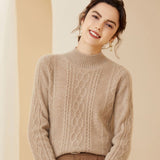 Womens Diamond Cable Knit Mock Neck Long Sleeve Cashmere Sweater