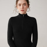 Womens Half-Zip Cashmere Sweater Mock Neck Ribbed Cashmere Pullover Black XS