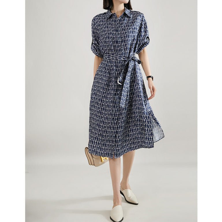 Womens Key Print Silk Shirt Dress Belted Silk Midi Dress Navy Blue XS