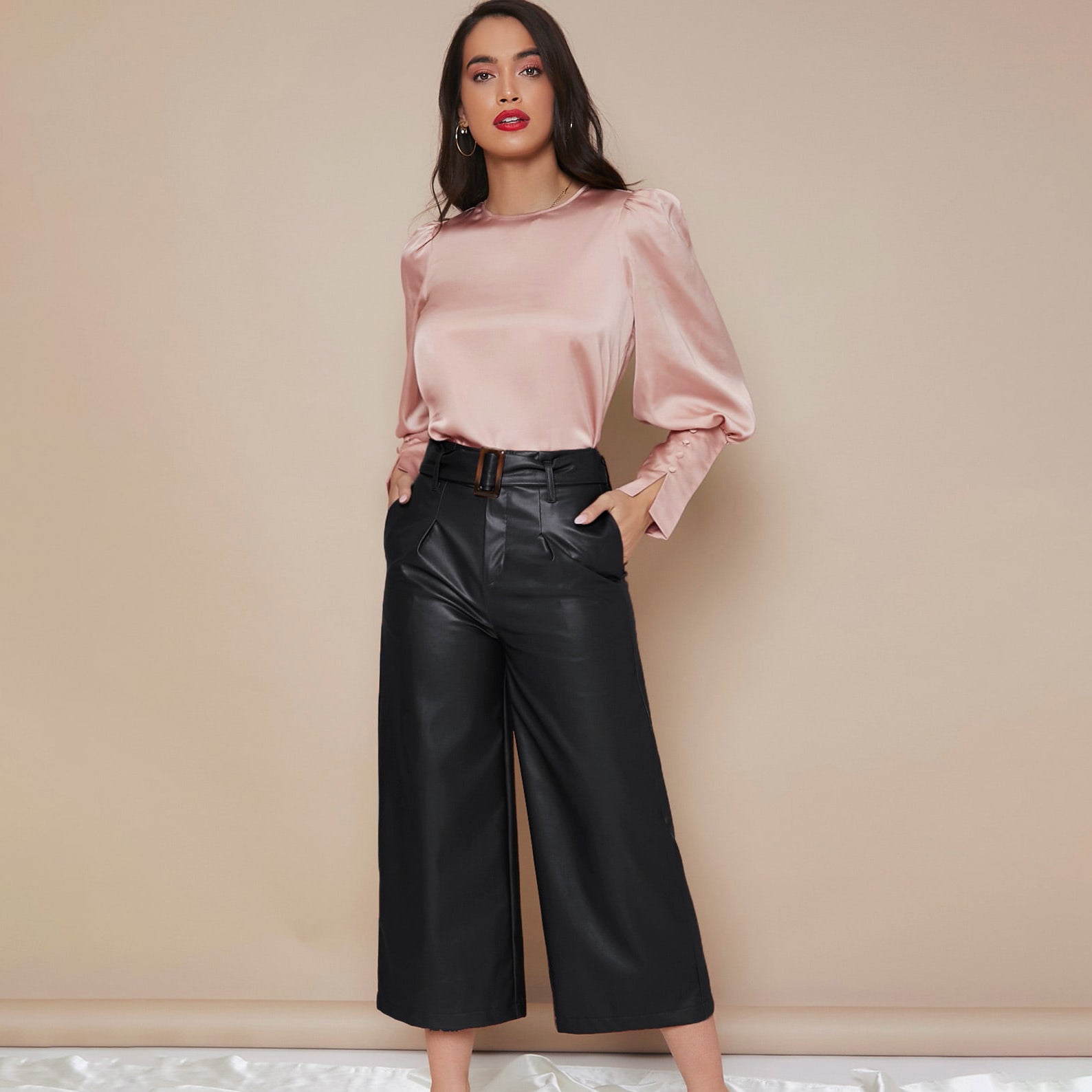Women's Lantern Sleeve Silk Blouse Long Sleeves Silk Shirt Rosy Pink XS
