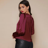 Women's Lantern Sleeve Silk Blouse Long Sleeves Silk Shirt Navy Blue XS