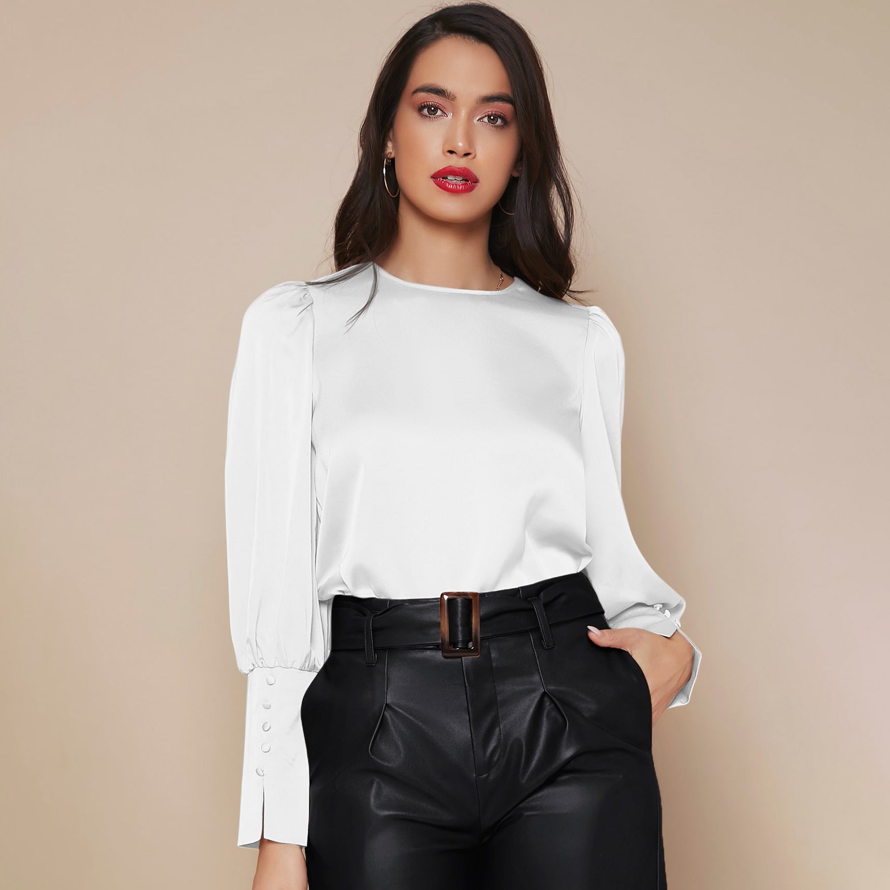 Women's Lantern Sleeve Silk Blouse Long Sleeves Silk Shirt White XS