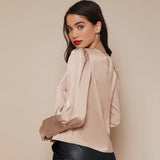 Women's Lantern Sleeve Silk Blouse Long Sleeves Silk Shirt Champagne XS