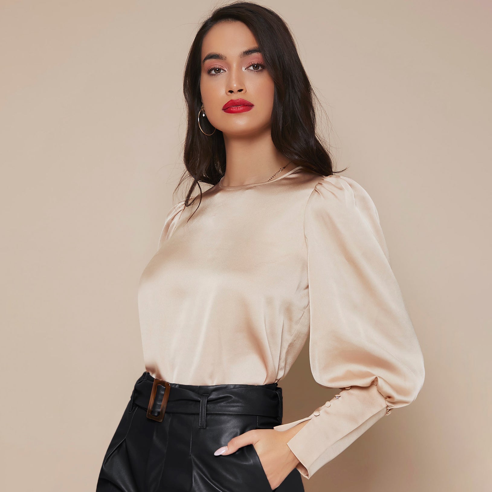 Women's Lantern Sleeve Silk Blouse Long Sleeves Silk Shirt Champagne XS