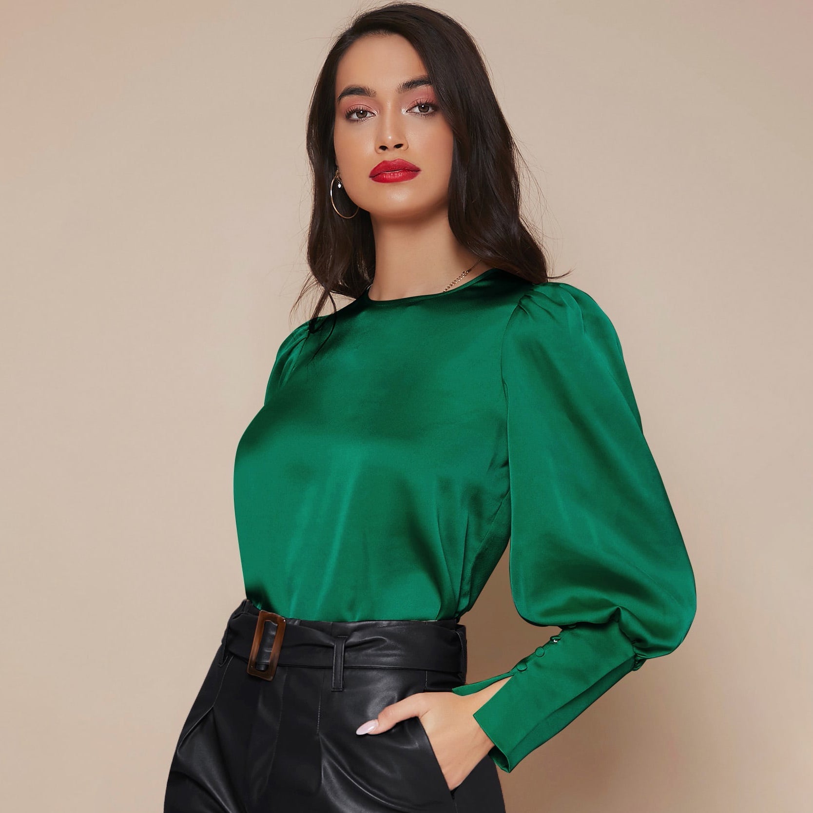 Women's Lantern Sleeve Silk Blouse Long Sleeves Silk Shirt Green XS