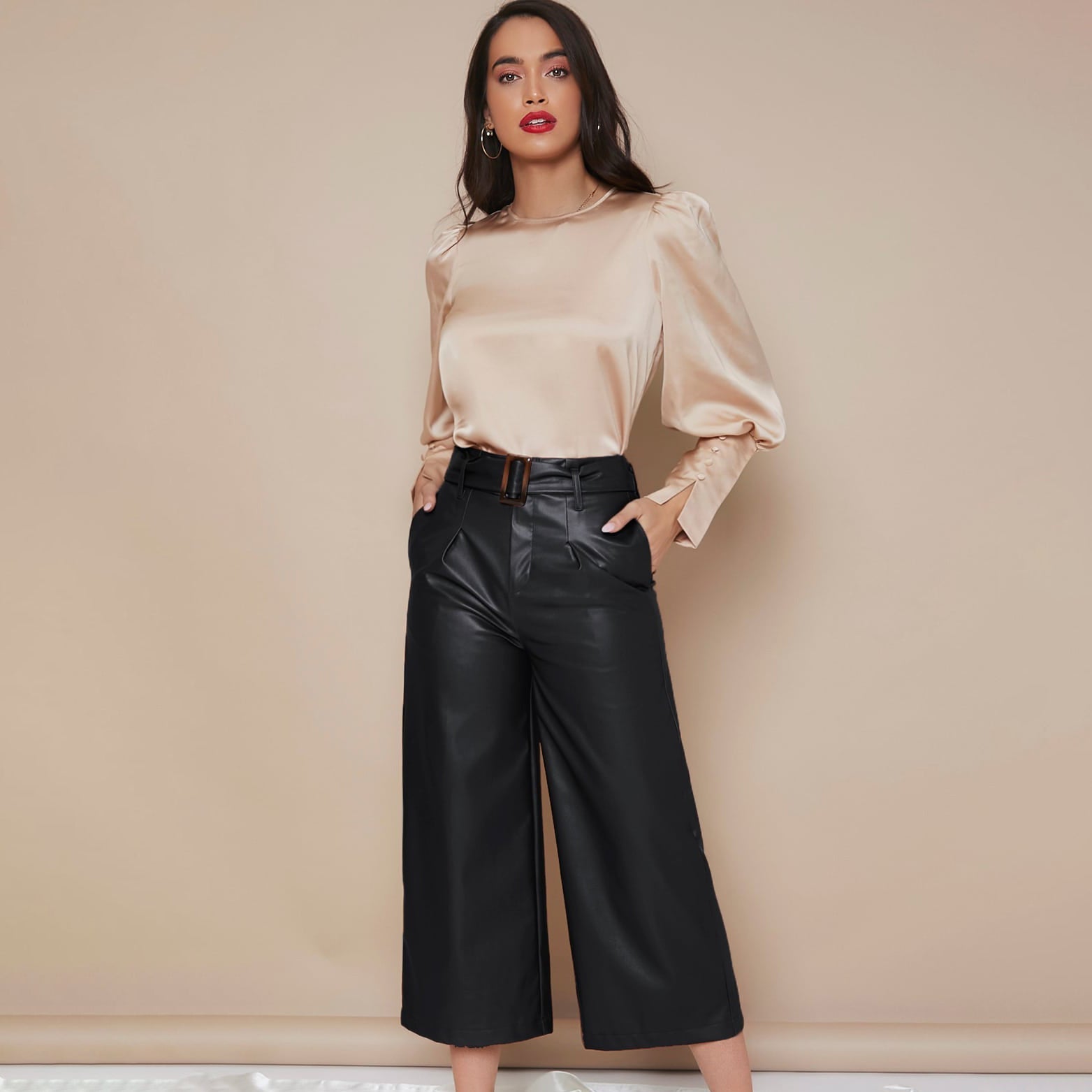 Women's Lantern Sleeve Silk Blouse Long Sleeves Silk Shirt Champagne XS
