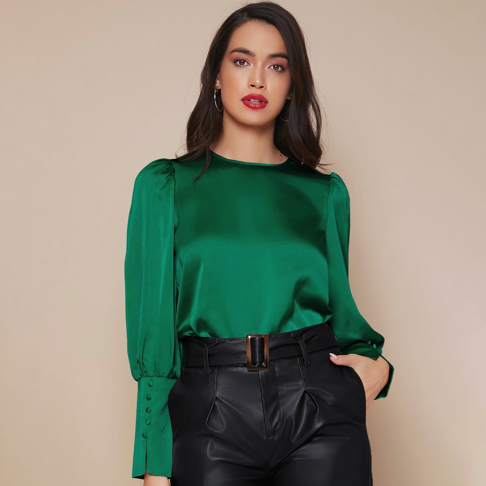 Women's Lantern Sleeve Silk Blouse Long Sleeves Silk Shirt Green XS
