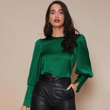 Women's Lantern Sleeve Silk Blouse Long Sleeves Silk Shirt Green XS