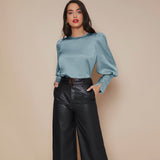 Women's Lantern Sleeve Silk Blouse Long Sleeves Silk Shirt Haze Blue XS