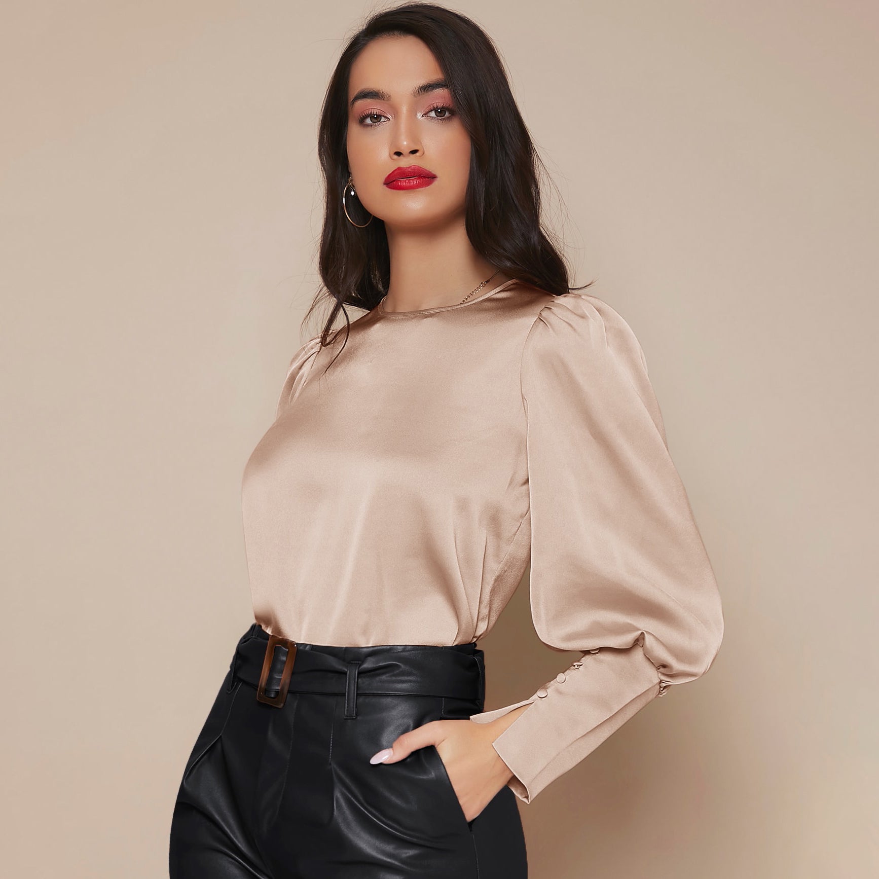 Women's Lantern Sleeve Silk Blouse Long Sleeves Silk Shirt Champagne XS