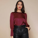 Women's Lantern Sleeve Silk Blouse Long Sleeves Silk Shirt Navy Blue XS