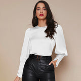 Women's Lantern Sleeve Silk Blouse Long Sleeves Silk Shirt White XS