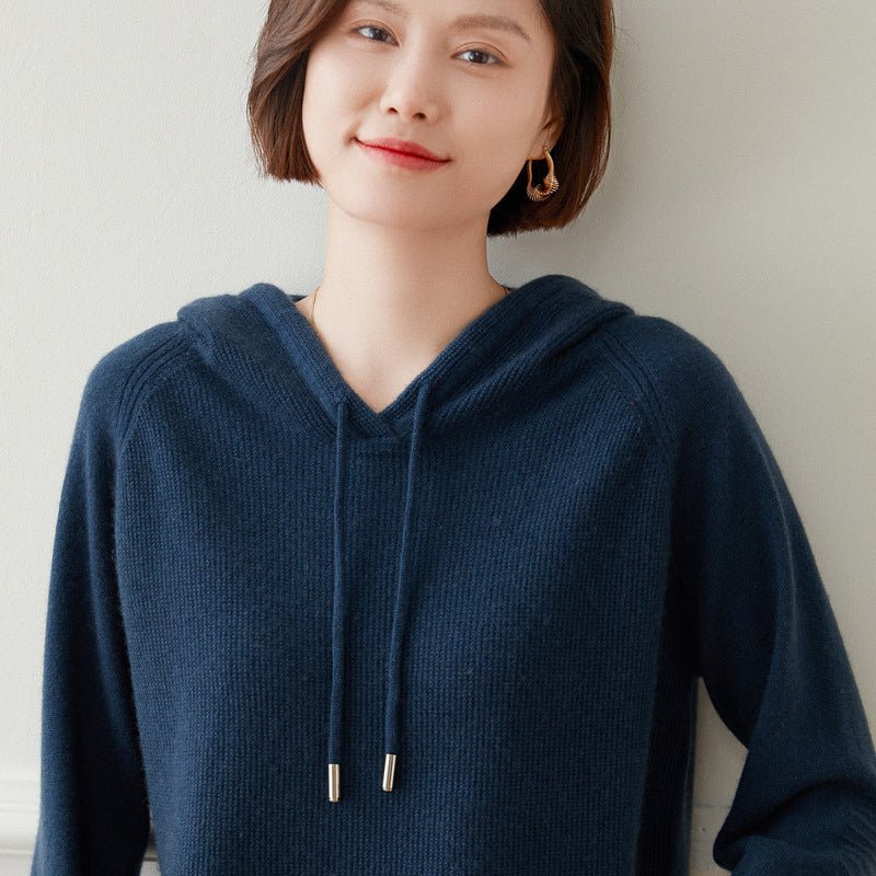 Women Long Sleeve Cashmere Hoodie Knit Cashmere Hoodie With Drawstring