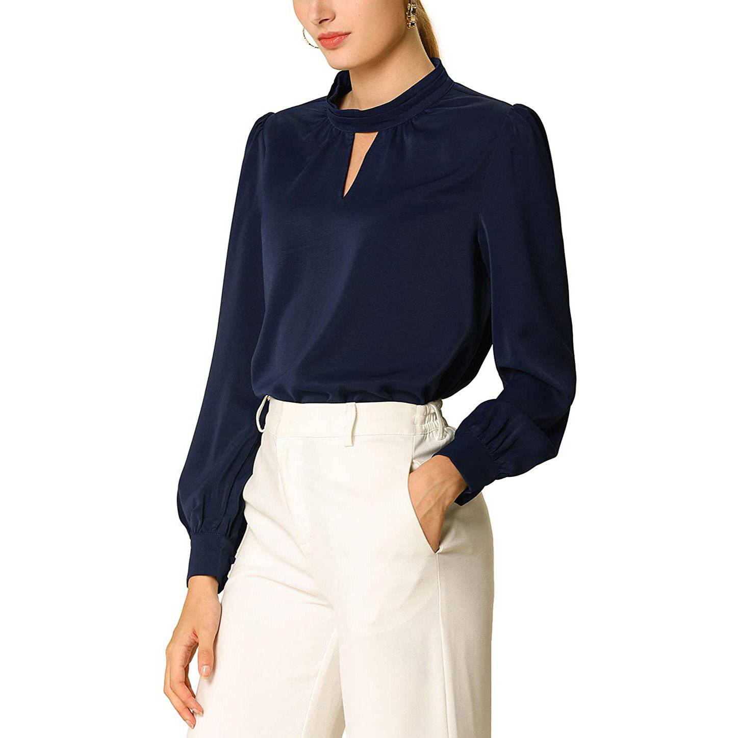 Women's Office Silk Shirt Keyhole Elegant Stand Collar Long Sleeve Silk Blouses Dark Blue XS