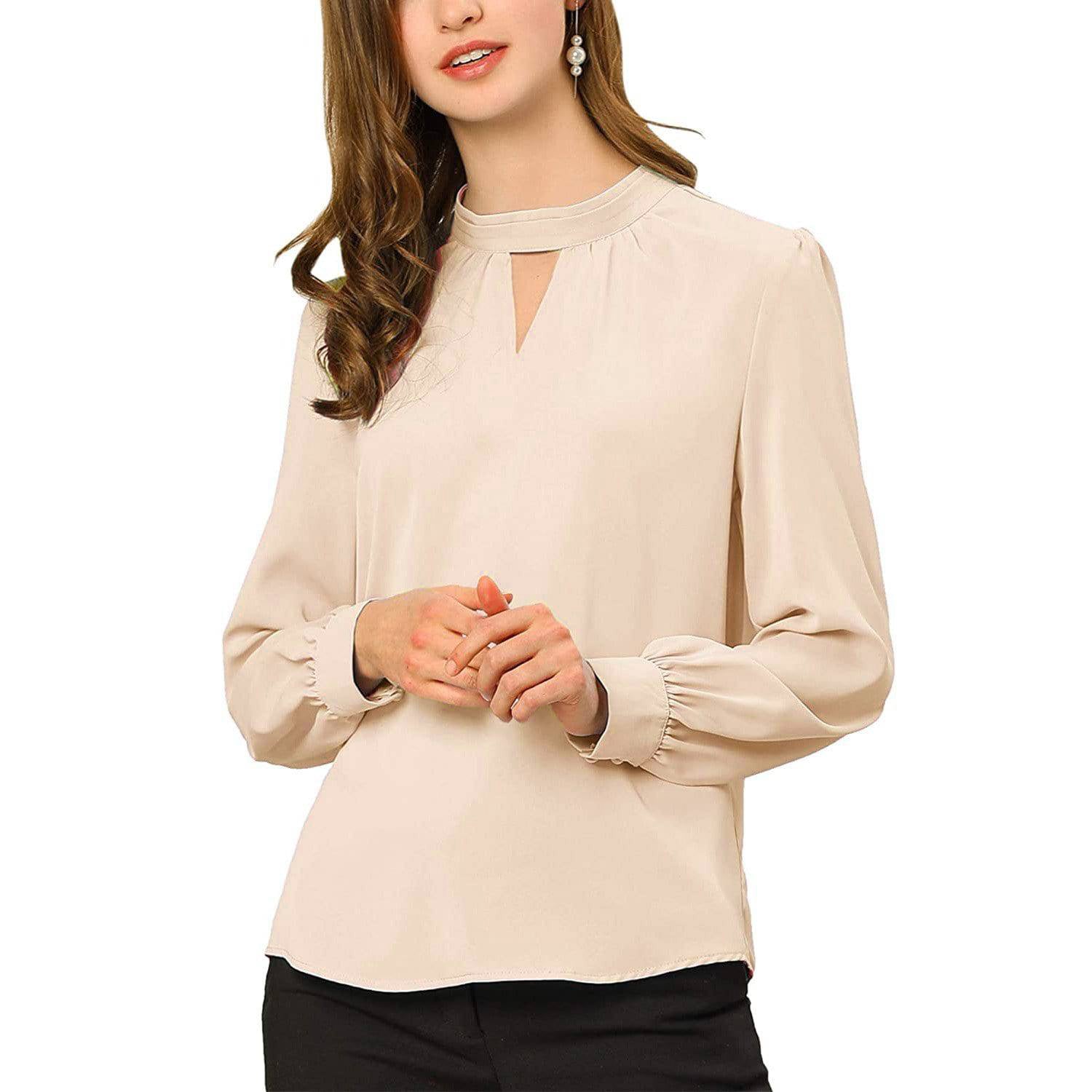 Women's Office Silk Shirt Keyhole Elegant Stand Collar Long Sleeve Silk Blouses Dark Blue XS