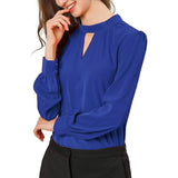 Women's Office Silk Shirt Keyhole Elegant Stand Collar Long Sleeve Silk Blouses Dark Blue XS