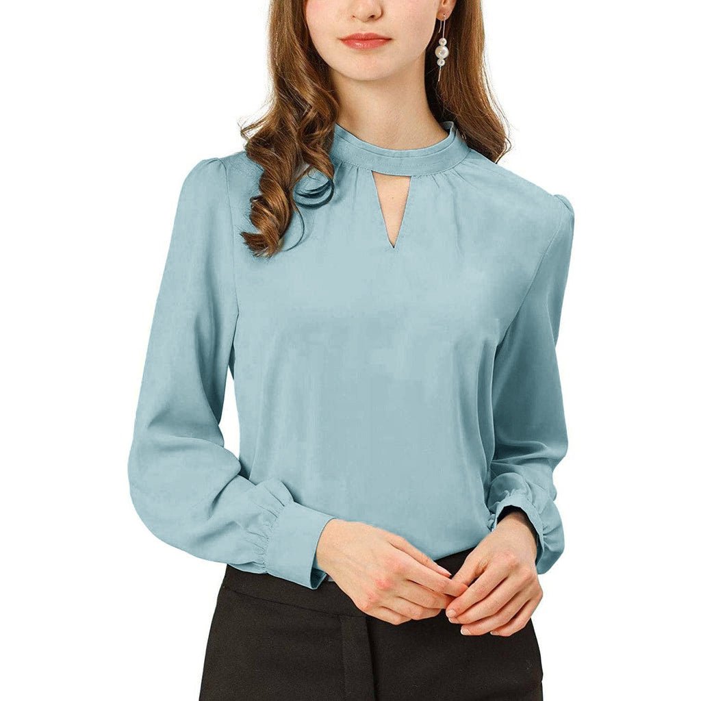 Women's Office Silk Shirt Keyhole Elegant Stand Collar Long Sleeve Silk Blouses Dark Blue XS