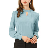 Women's Office Silk Shirt Keyhole Elegant Stand Collar Long Sleeve Silk Blouses Dark Blue XS