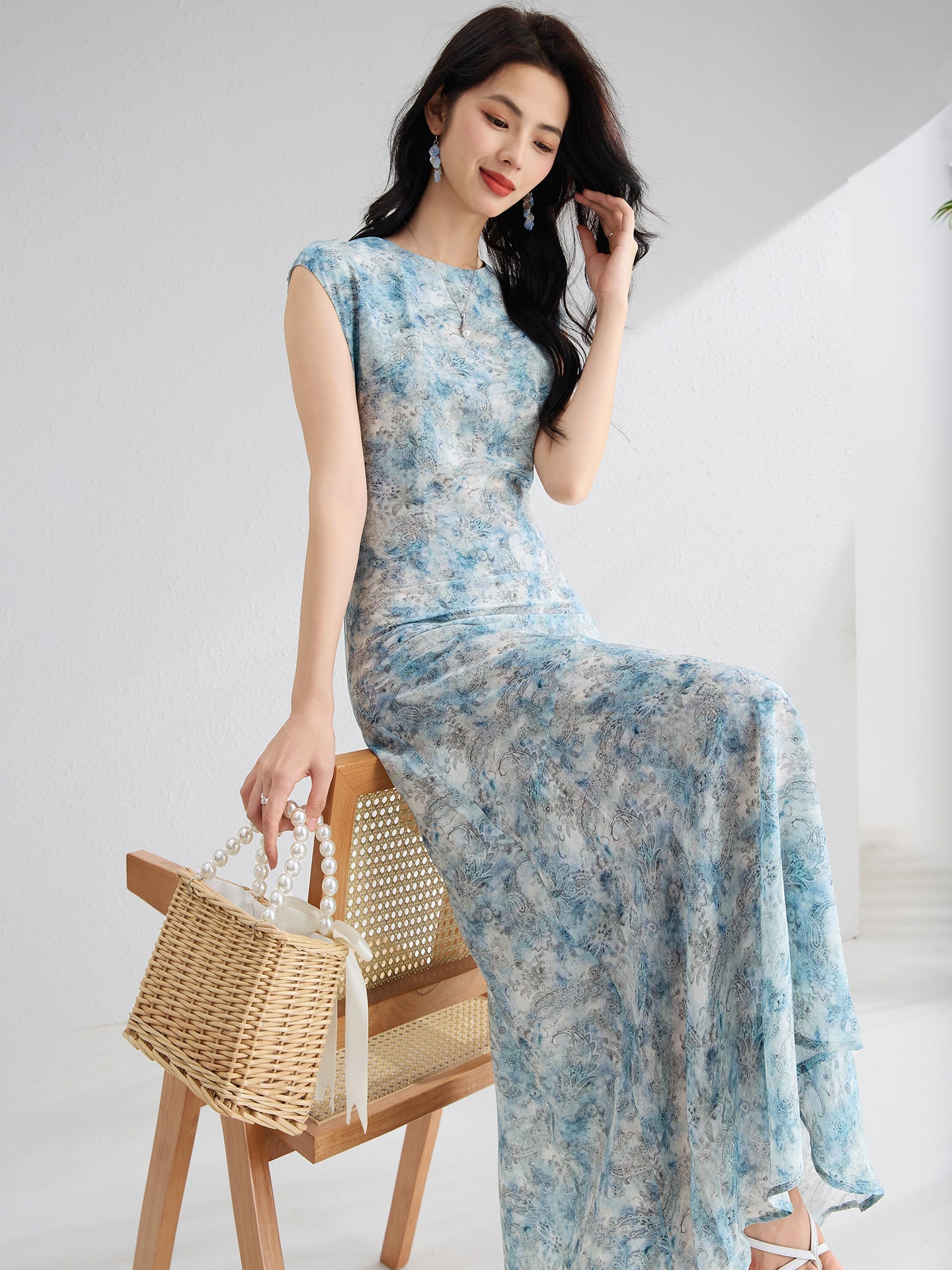 Womens Paisley Print Silk Maxi Dress Cap Sleeve Long Silk Dress Blue XS