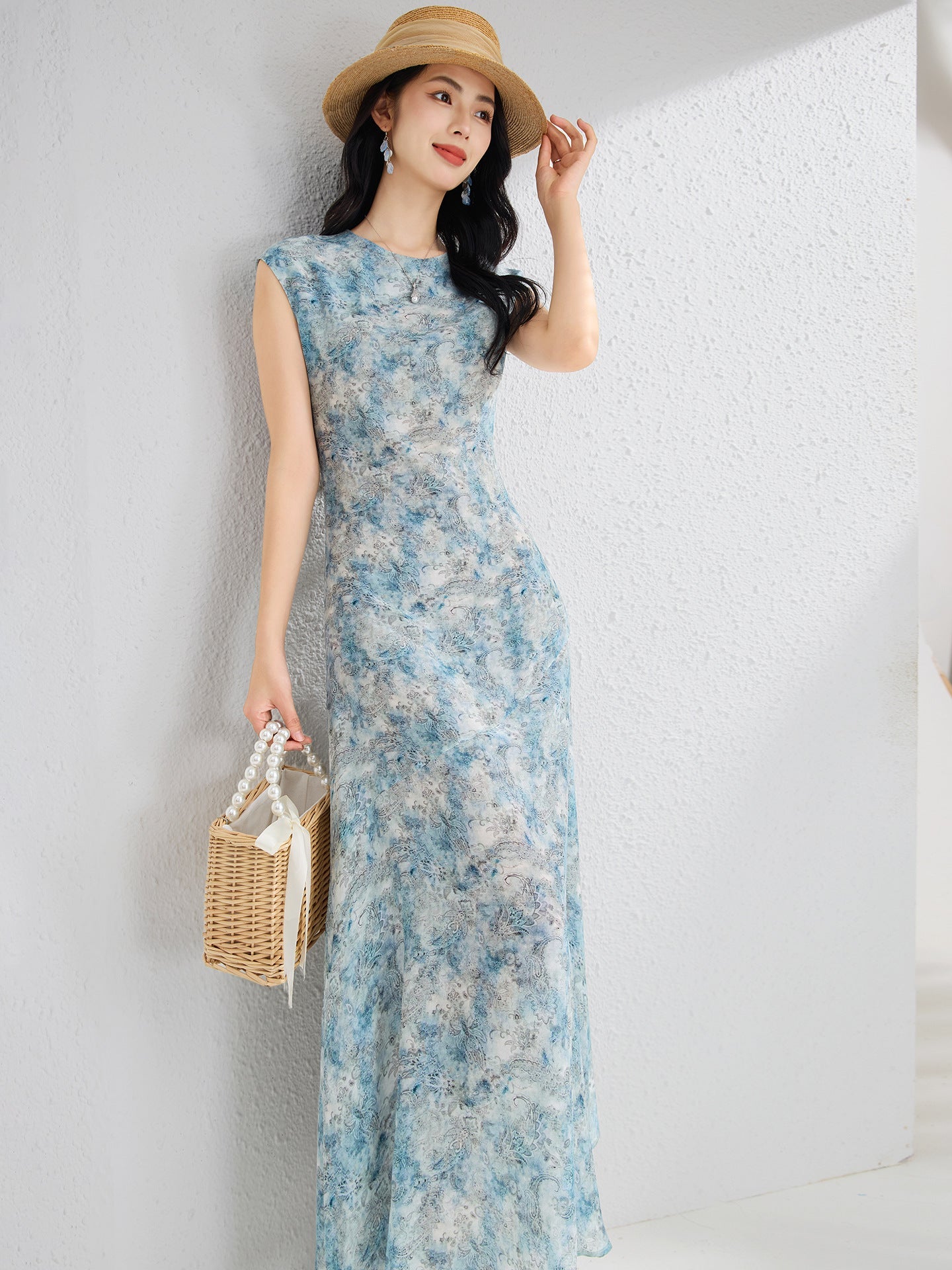 Womens Paisley Print Silk Maxi Dress Cap Sleeve Long Silk Dress Blue XS