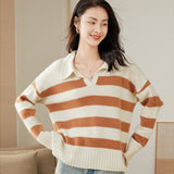 Womens Striped Polo Neck Cashmere Sweater V Neck Pullover Tops