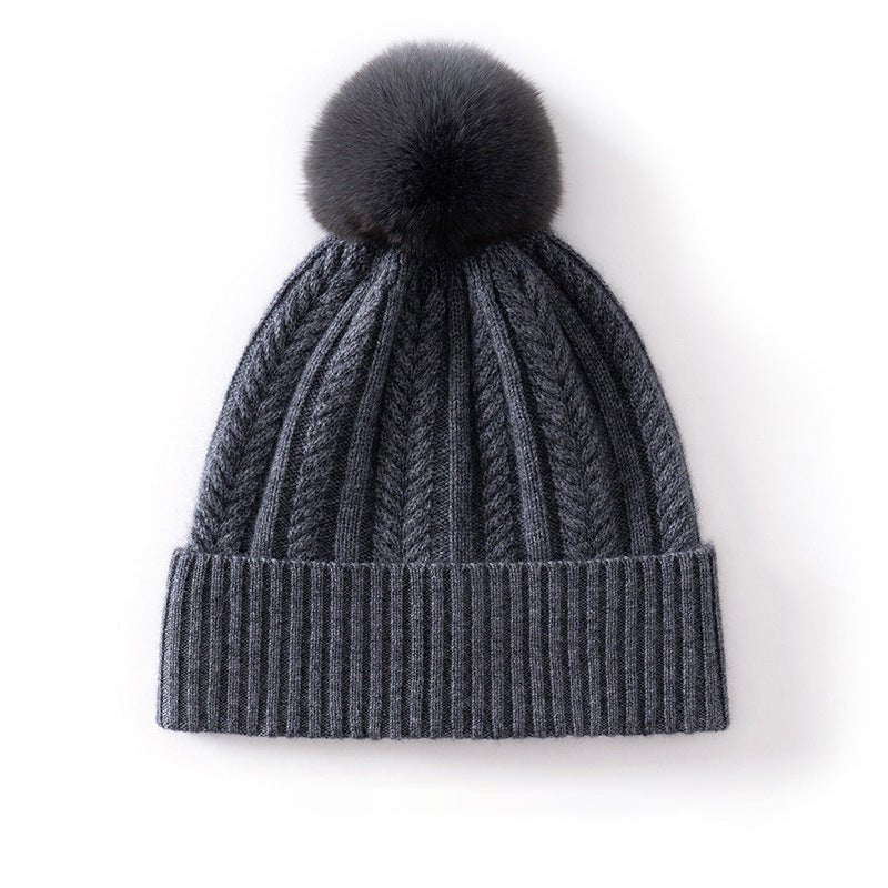 Womens Pom Cashmere Beanie Soft Rib Cashmere Knit Hat Fold Cuff