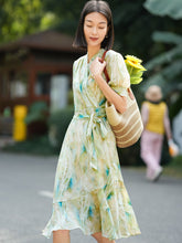 Womens Puff Sleeve Silk Floral Dress Silk Wrap Midi Dress with Waist Tie Green XS