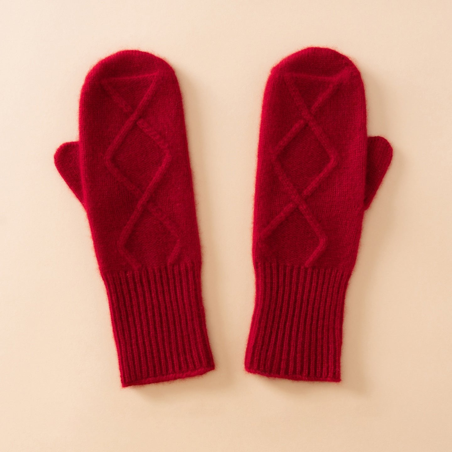 Womens Pure Cashmere Knit Mittens Cashmere Gloves with Diamond Pattern