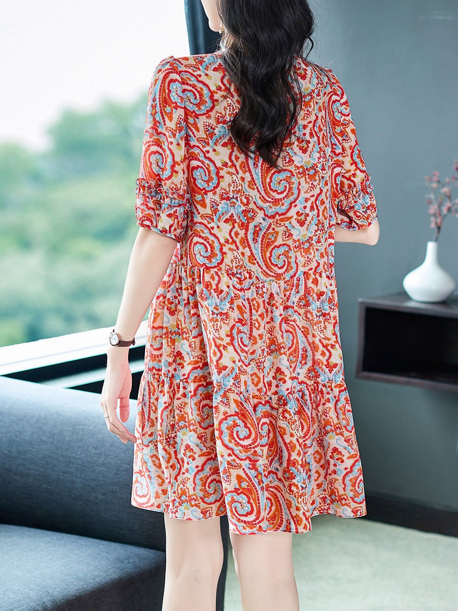 Womens Retro Silk Dress with Red Paisley Print Short Silk Dress Pink XS