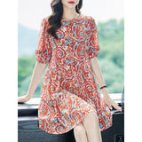 Womens Retro Silk Dress with Red Paisley Print Short Silk Dress Pink XS