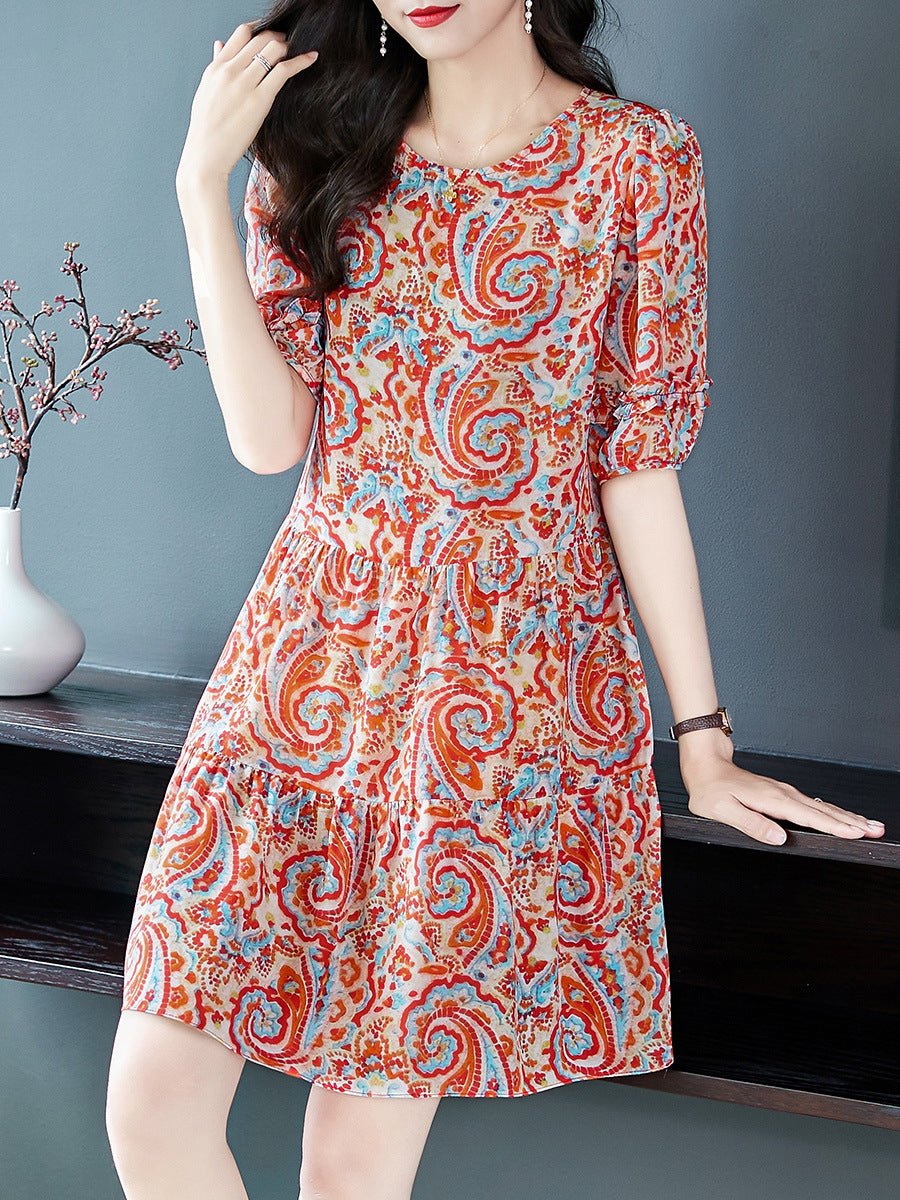 Womens Retro Silk Dress with Red Paisley Print Short Silk Dress Pink XS