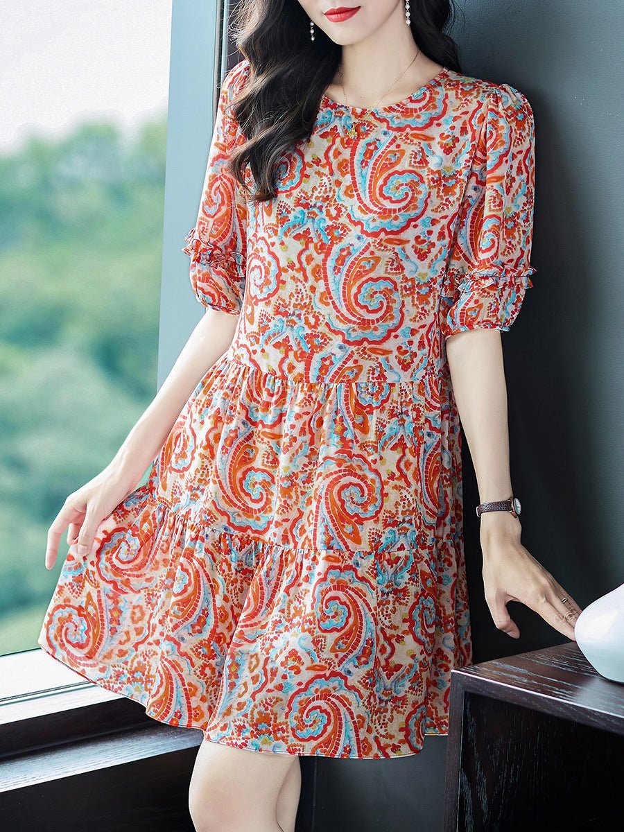 Womens Retro Silk Dress with Red Paisley Print Short Silk Dress Pink XS
