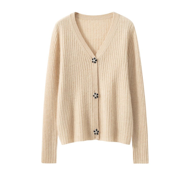 Womens Rib Knit Cashmere Cardigan Crystal Button Cashmere Sweater