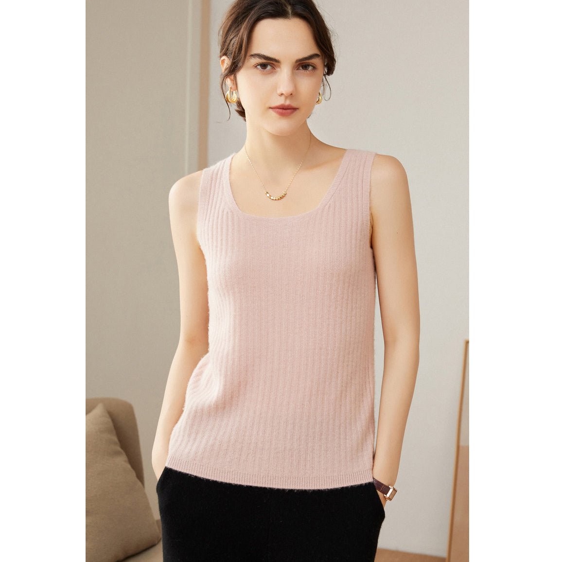 Women's Ribbed Knit Scoop Neck Sleeveless Cashmere Vest U - Neck Cashmere Tank