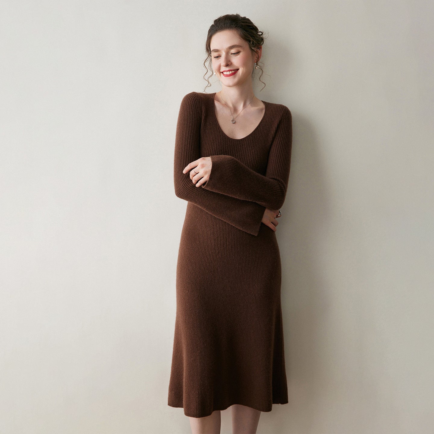 Womens Ribbed Cashmere Knit Midi Dress V Neck Flared Sleeve Cashmere Sweater Dress Coffee XS