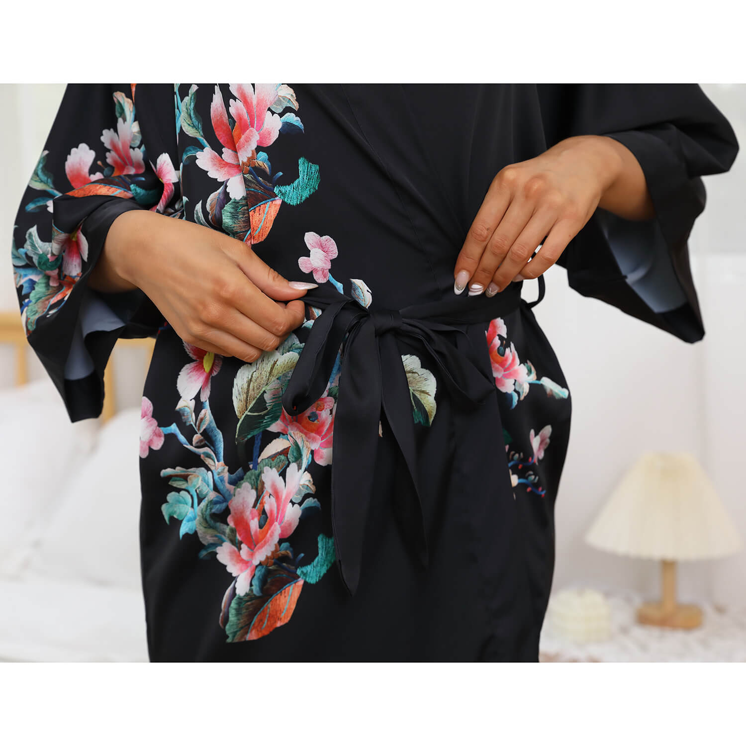 Women's Short Floral Silk Kimono Robes 100% Silk Bathrobe