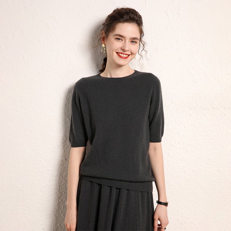 Womens Short Sleeve Cashmere Sweater Crew Neck Cashmere Knit Pullover Gray XS
