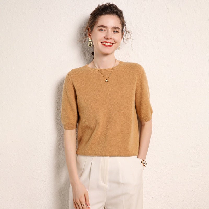 Womens Short Sleeve Cashmere Sweater Crew Neck Cashmere Knit Pullover Camel XS