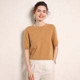 Womens Short Sleeve Cashmere Sweater Crew Neck Cashmere Knit Pullover Camel XS