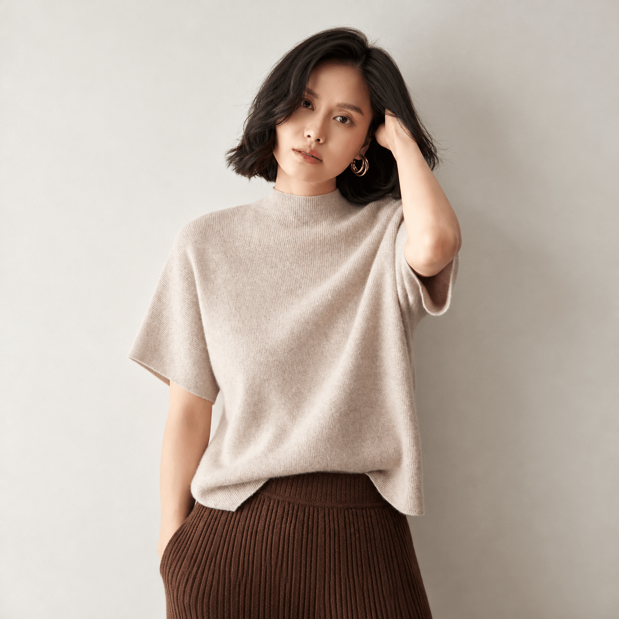 Womens Short Sleeve Cashmere Sweater Mock Neck Cashmere Knit Top Beige XS