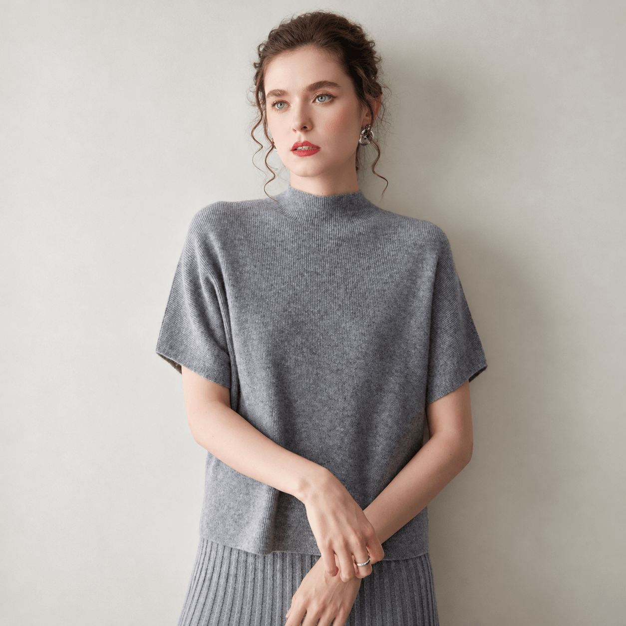 Womens Short Sleeve Cashmere Sweater Mock Neck Cashmere Knit Top Gray XS