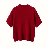 Womens Short Sleeve Cashmere Sweater Mock Neck Cashmere Knit Top Red XS