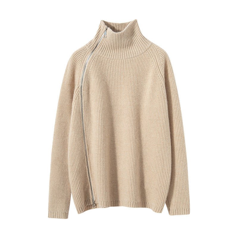 Womens Sideling Zip - up Cashmere Sweater Turtleneck Cashmere Pullover Beige XS