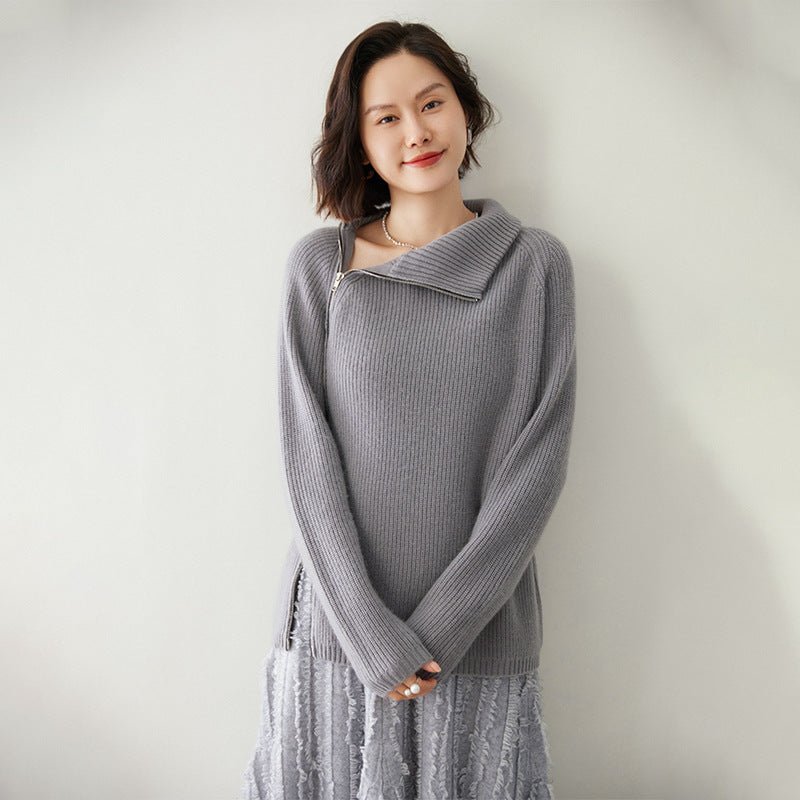 Womens Sideling Zip - up Cashmere Sweater Turtleneck Cashmere Pullover Gray XS