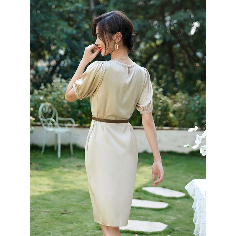 Womens Silk Belted Knee Length Dress Puff Sleeve Gathered Neck Silk Dress