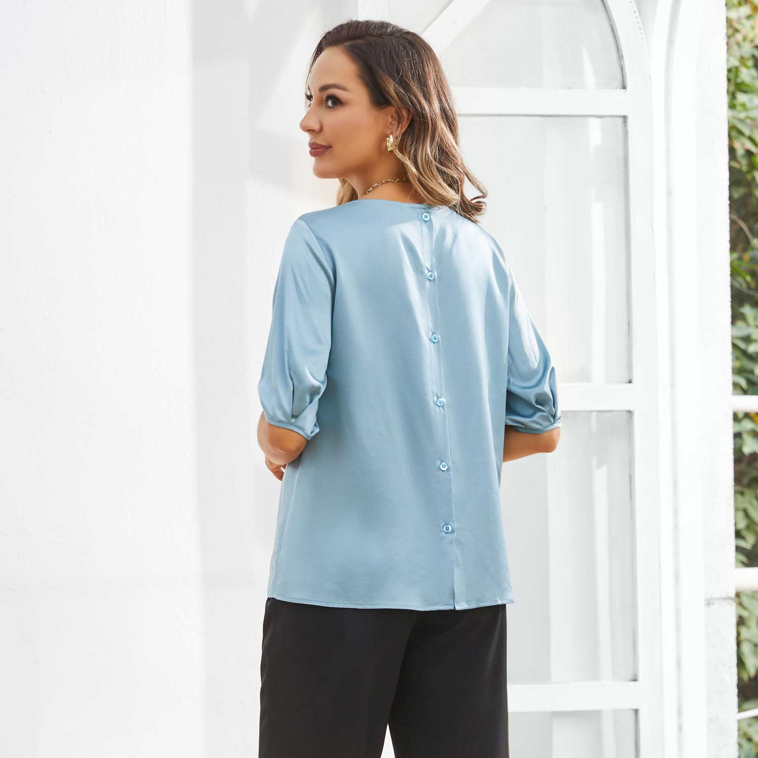 Womens Silk Blouse Short Sleeves Both Sides Silk Top