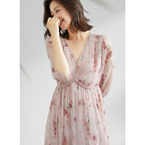 Womens Silk Chiffon Midi Dress Floral Print Gathered Waist Pink Silk Dress