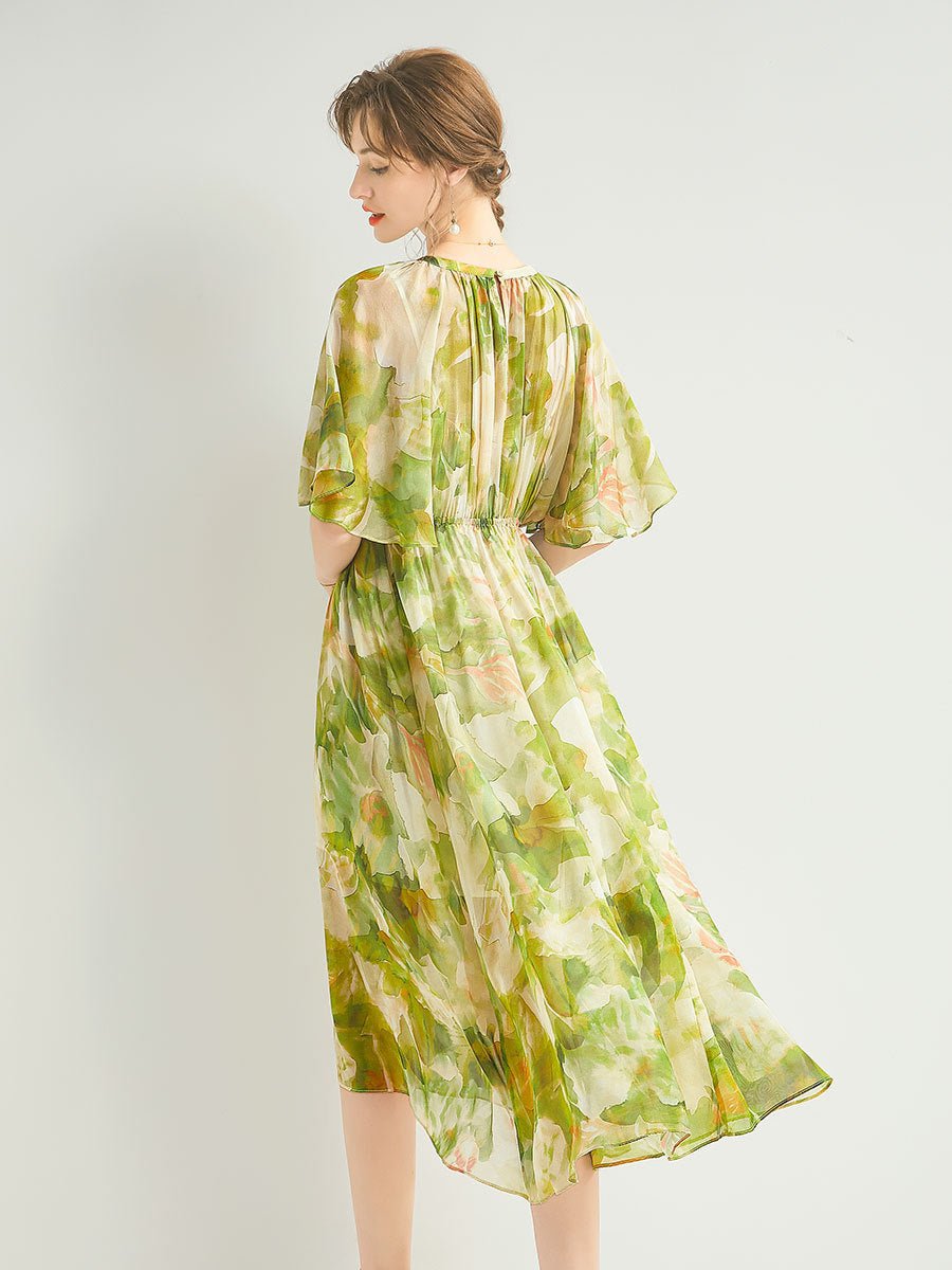 Womens Silk Chiffon Midi Dress Flutter Sleeve Watercolor Floral Green Silk Dress